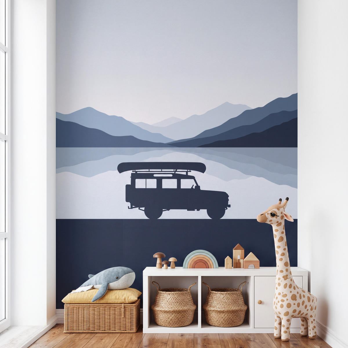 KINDERTAPETE - Auto - See - Berge - Blau - 180x260 cm - Blaugrau, Papier (180/260cm) - OnlyWow