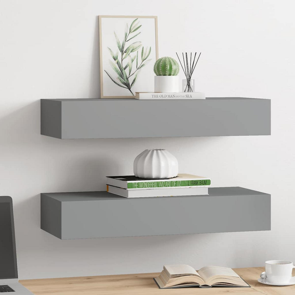 WANDREGALE mit Schubladen 2 Stk. Grau 60x23,5x10 cm - Grau, Holzwerkstoff (60/10/23.5cm) - furnicato