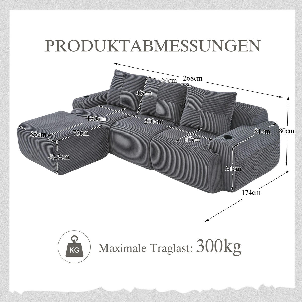 MODULARES Cordsofa 3-Sitzer mit Hocker Getränkehalter und Tasche 268/174/80 cm Dunkelgrau - Dunkelgrau, Textil (174/268cm) - Redom
