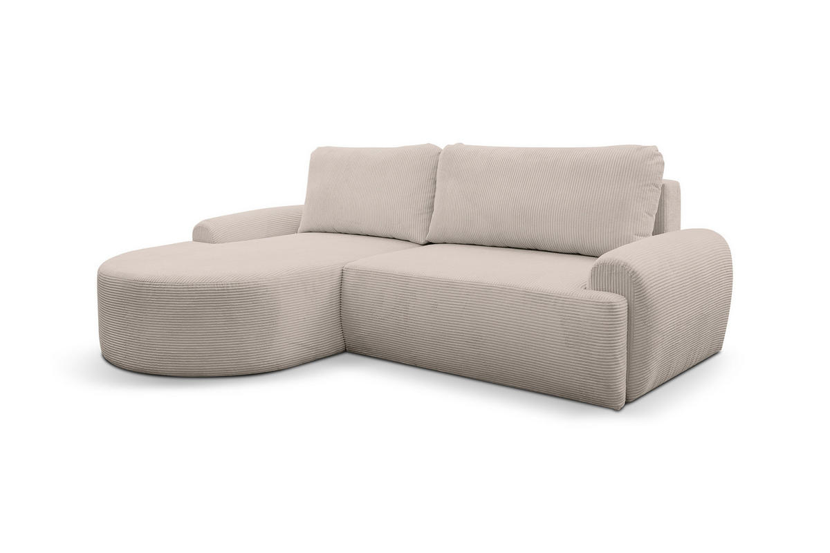 ECKSOFA Dream Cord in L-Form mit Schlaffunktion und Bettkasten, Farbe: Beige, Cordstoff, Ottomane Links - Beige, Textil (136/260cm) - VENASI MÖBEL