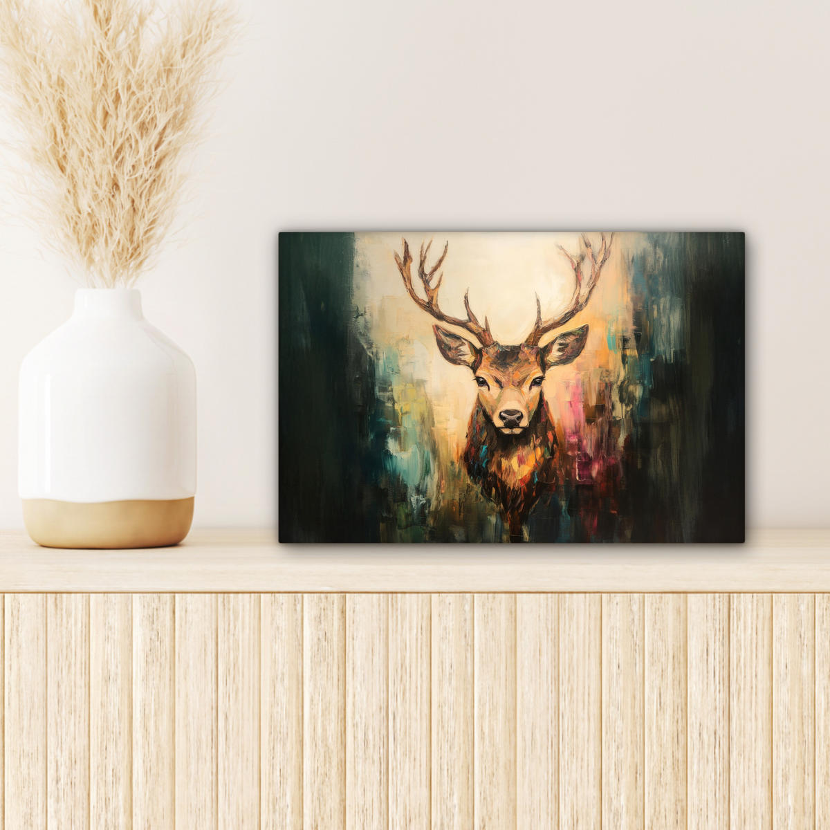 LEINWANDBILD Hirsch - Gemalt - Geweih - Braun Deko Schlafzimmer 30x20 cm - Haselnussfarben, Textil (30/20cm) - MuchoWow