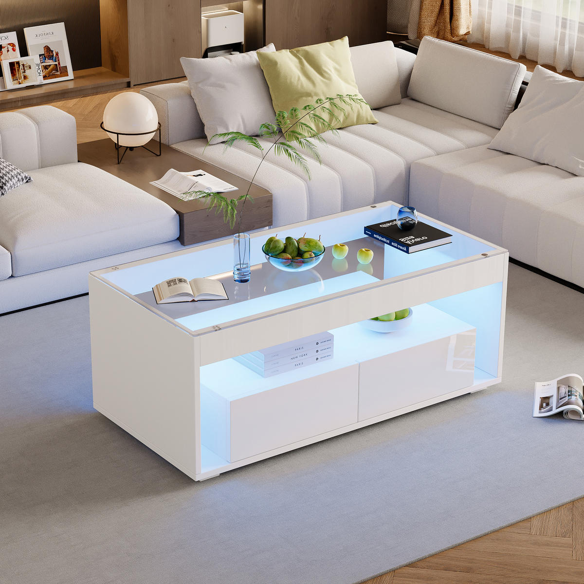 COUCHTISCH 100/50/40 cm mit LED-Beleuchtung in Hochglanzweiß - Weiß, Holzwerkstoff (100/50/40cm) - OKWISH