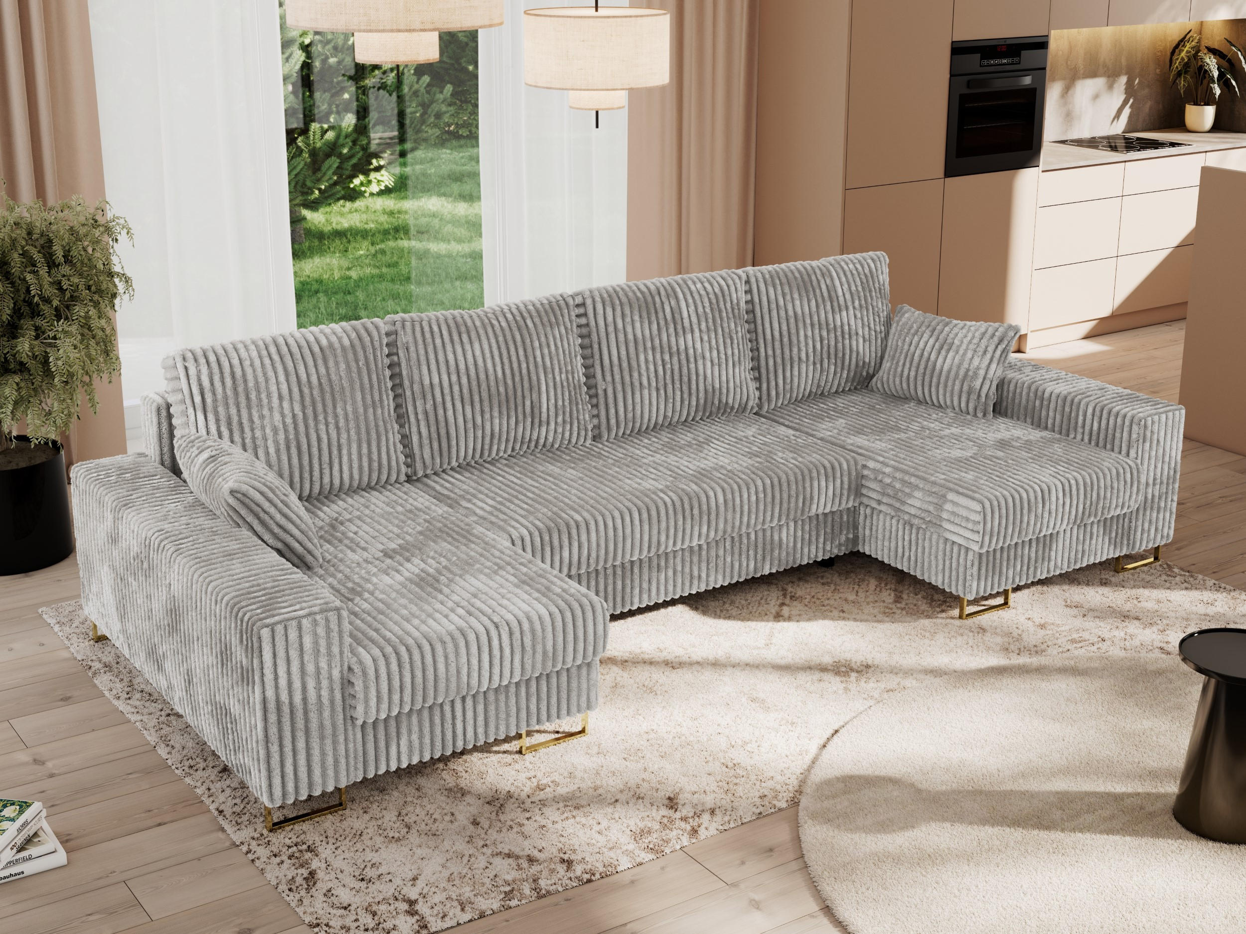WOHNLANDSCHAFT DORIAN U Cord Hellgrau - Goldfarben/Hellgrau, Textil/Metall (312/95/138cm) - MKS