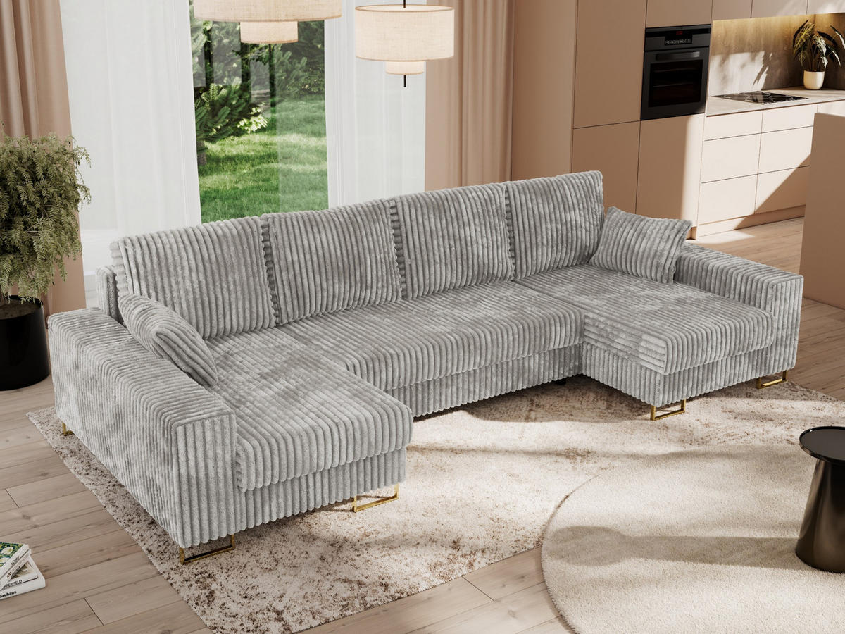 WOHNLANDSCHAFT DORIAN U Cord Hellgrau - Goldfarben/Hellgrau, Textil/Metall (312/95/138cm) - MKS