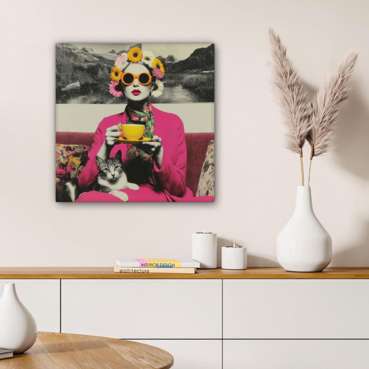 LEINWANDBILD Frau - Katze - Blumen - Tasse - Retro Wandbild Wohnzimmer 50x50 cm - Magenta, Textil (50/50cm) - MuchoWow