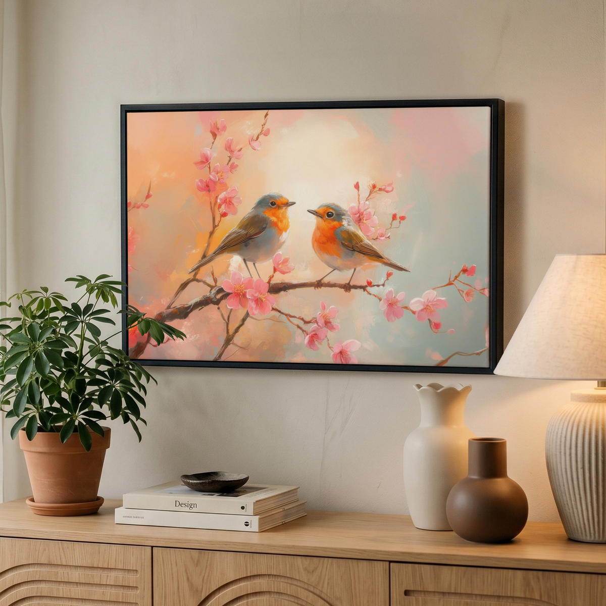 LEINWAND Bilder mit Rahmen - Rotkehlchen - Zierpflanze - Blütenzweig - 60x40 - Hellrosa, Textil (60/40cm) - MuchoWow