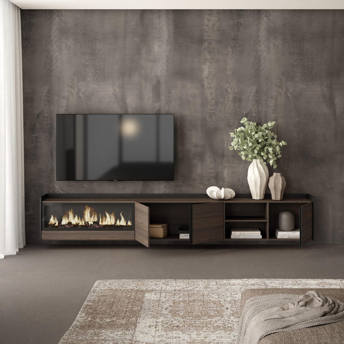 LOWBOARD, Eiche und Schwarz, 315/35/50cm, Kamin mit Feuereffekt XXL - Dunkelbraun, Holzwerkstoff (315/50/35cm) - Skraut Home