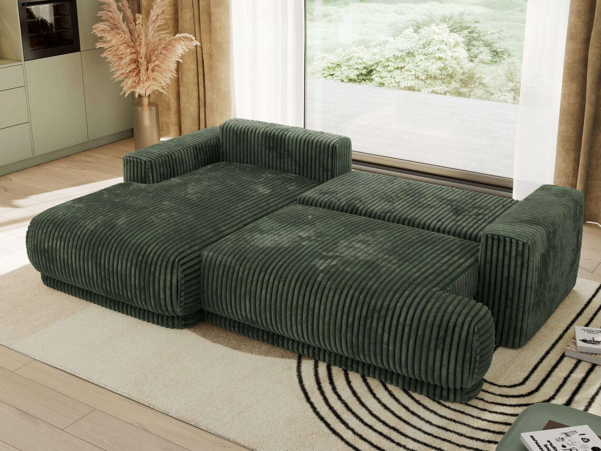 ECKSCHLAFSOFA RINA L Dunkelgrün Cord - links - Dunkelgrün/Schwarz, Kunststoff/Textil (267/170cm) - MKS