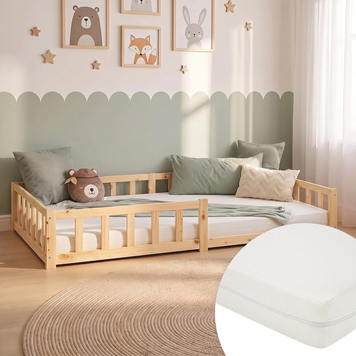 BODENBETT 120x200 cm Natur mit Lattenrost + Matratze - Naturfarben, Holz (120/200cm) - Homestyle4u