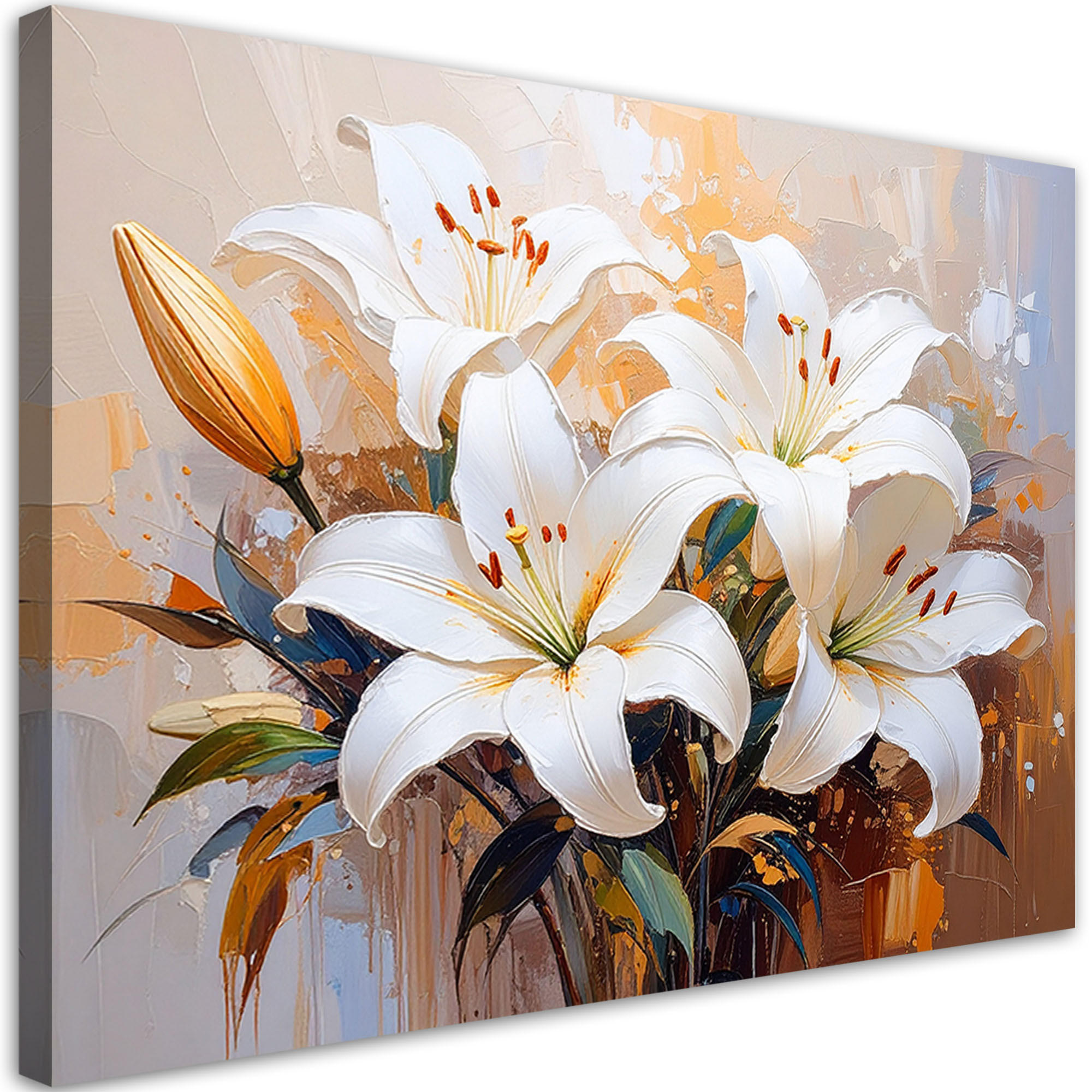 LEINWANDBILD Lilien Weiße Blumen gemalt 60x40cm - Beige, Textil (60/40cm) - Feeby