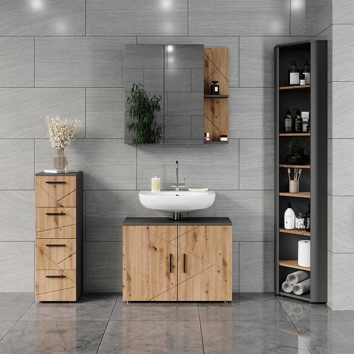 ECKHOCHSCHRANK Irma Anthrazit/Artisan 33 x 192 cm 7 Fächer - Anthrazit/Eiche Artisan, Holzwerkstoff (33/192/33cm) - Vicco