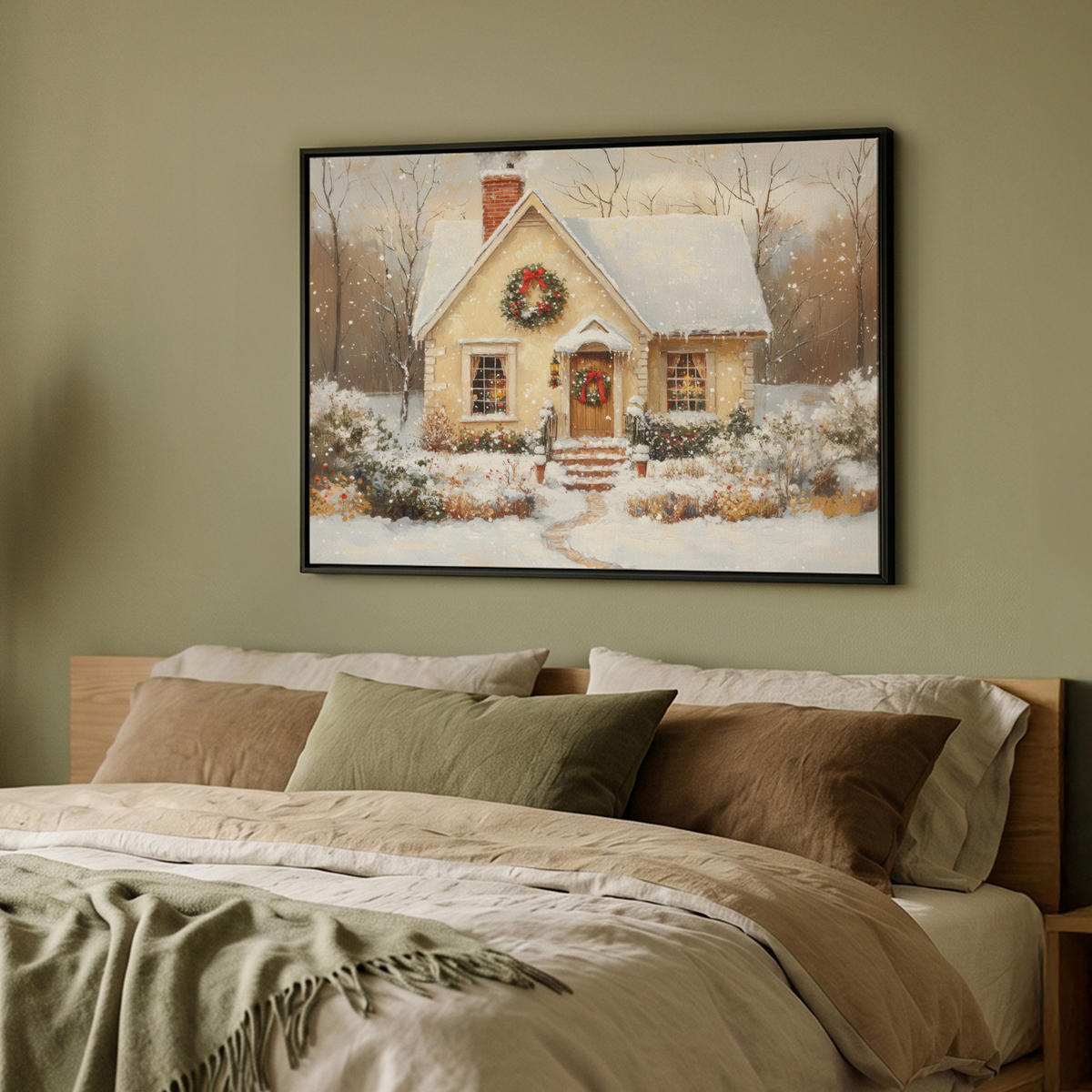 LEINWAND Bilder mit Rahmen - Weihnachten - Zuhause - Winter - Schnee - 100x70 - Creme, Textil (100/70cm) - MuchoWow