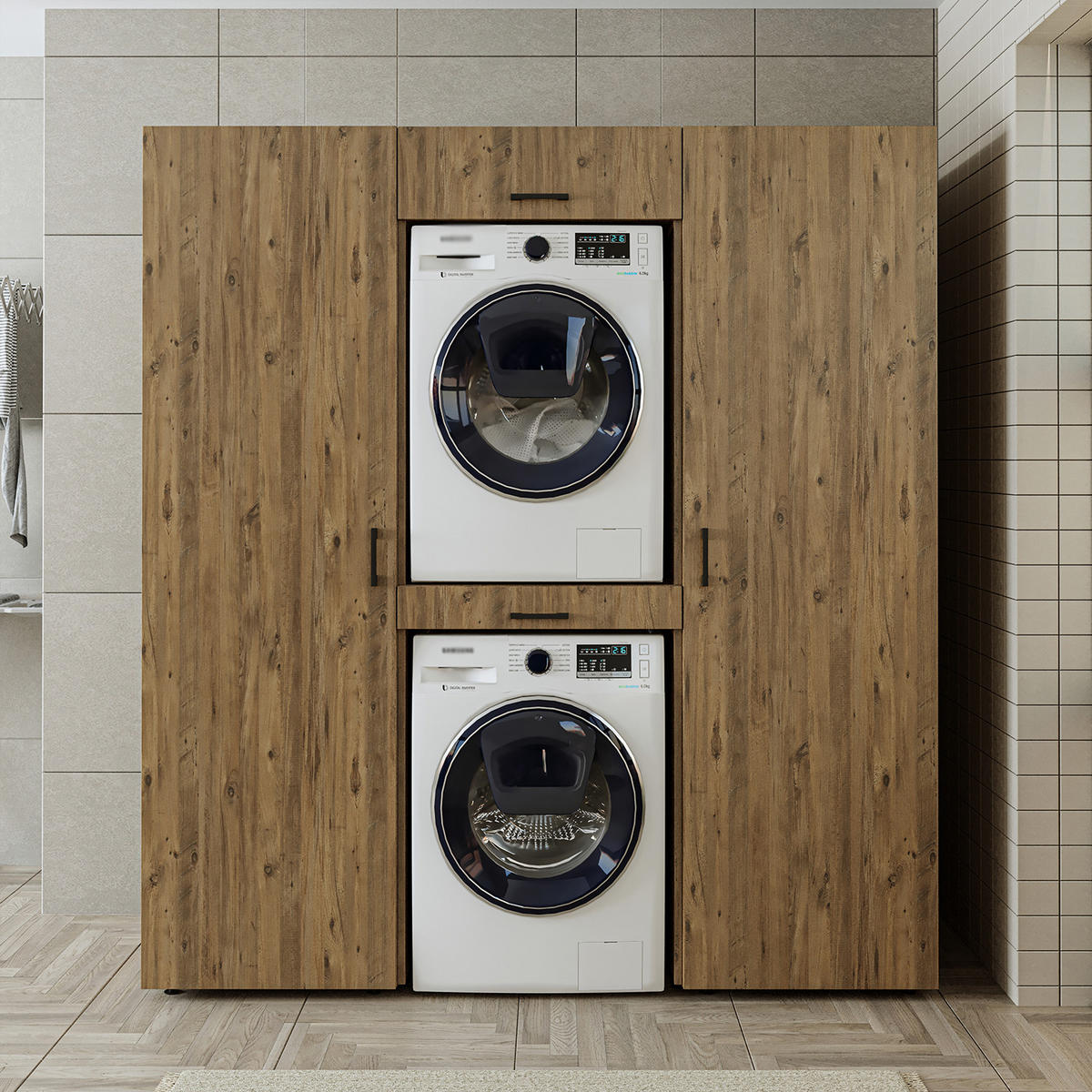 WASCHMASCHINENSCHRANK DUO-I 187cm Breit, 205cm Hoch - Eichefarben, Holzwerkstoff (187/205/67cm)