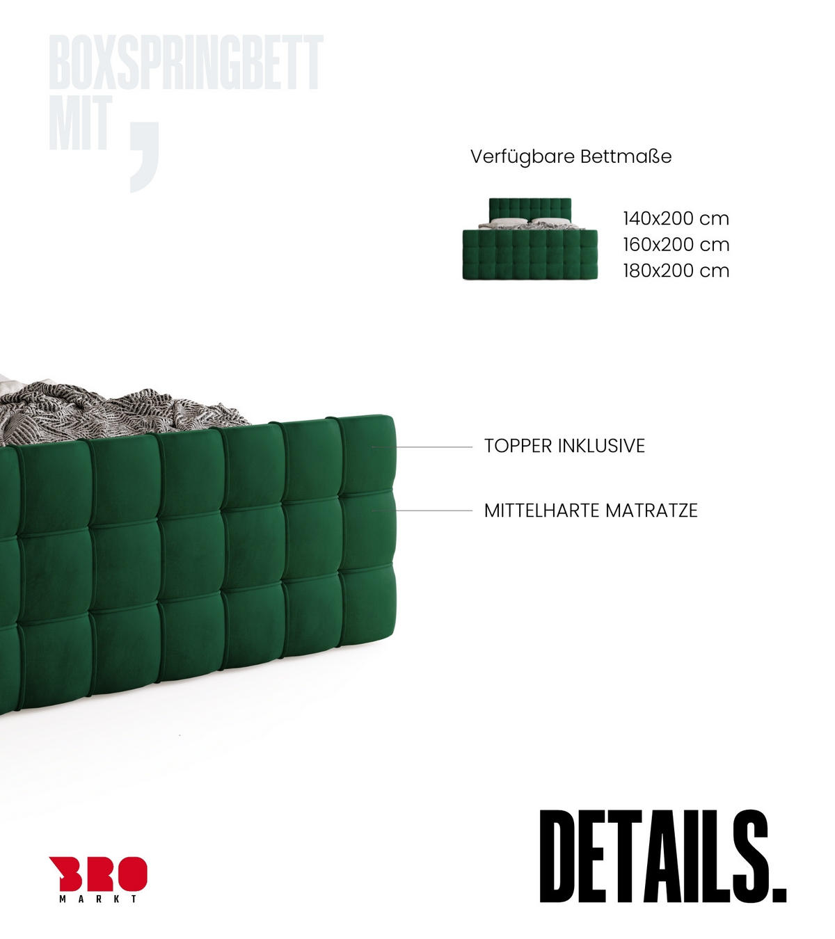 BOXBETT Detroit Duo mit Topper 140/200 Dunkelgrün - Dunkelgrün, Textil (140/200cm) - Bromarkt