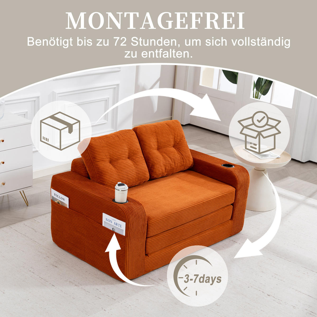 SCHLAFSOFA in Orange Cord mit Getränkehalter und Seitentaschen - Orange, Textil (136/82.5/80cm) - Oxeza