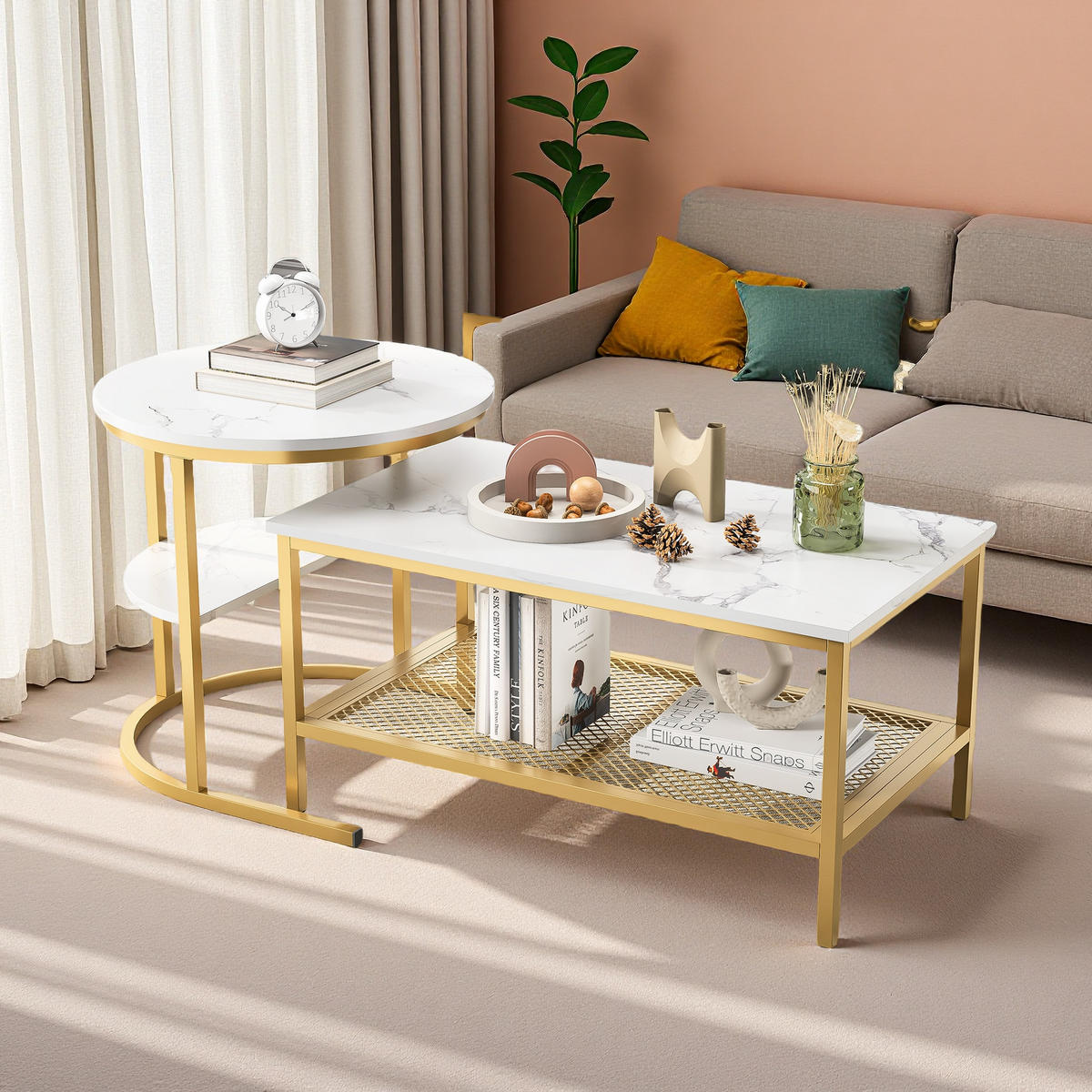 COUCHTISCH 2er Set, Marmoroptik mit Ablage & Metallrahmen, Weiß + Gold - Goldfarben, Holz (112/58/10cm)