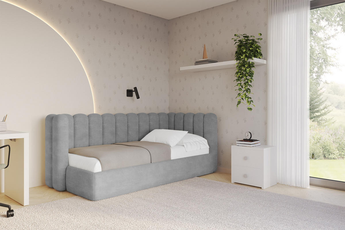 EINZELLBETT Jugendbett mit Bettkasten und Matratze H3/H4, Links - HUGY 100x200 Grau - Hellgrau, Holzwerkstoff/Textil (100/200cm) - ALTDECOR