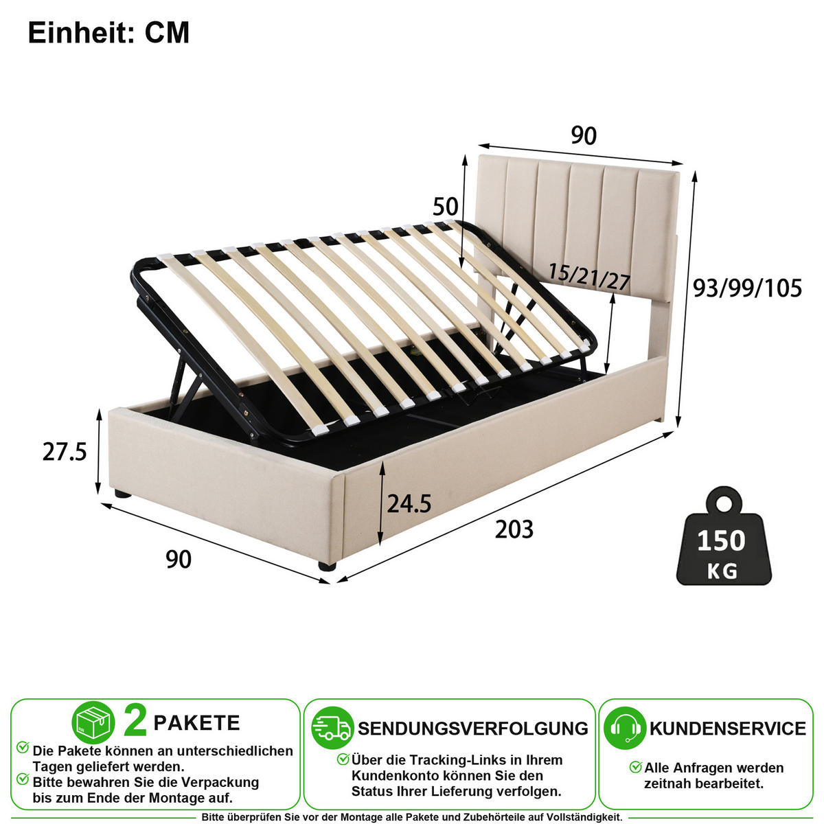 POLSTERBETT 90/200 cm in Beige mit Bettkasten und Verstellbarem Kopfteil aus Stoff - Beige, Holzwerkstoff/Textil (90/200cm) - CHICFURN