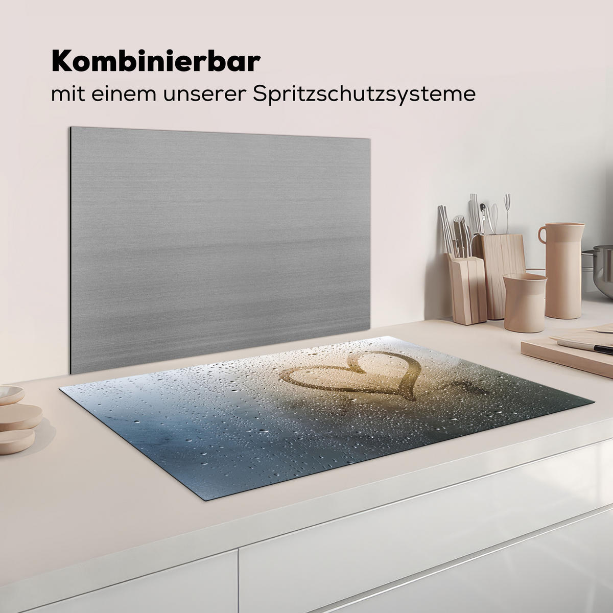 HERDABDECKPLATTE Herz - Kondenswasser - Wasser - 3D Ceranfeldabdeckung 85x52 cm - Grau, Kunststoff (85/52/0.2cm) - MuchoWow
