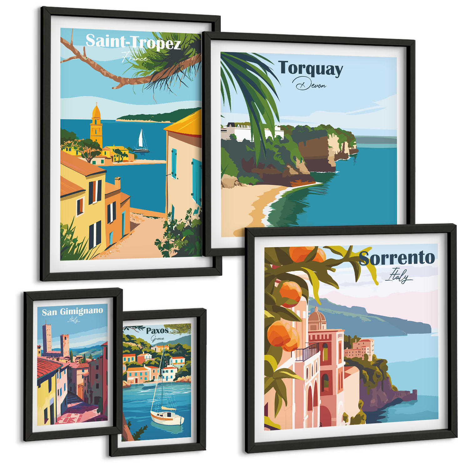 BILDER SET 5er Set - 50x50 cm & 20x30 cm & 40x60 cm Schwarzer Rahmen - Retro-Illustrationen von Weltstädten - Schwarz, Kunststoff (40/60cm) - TULUP