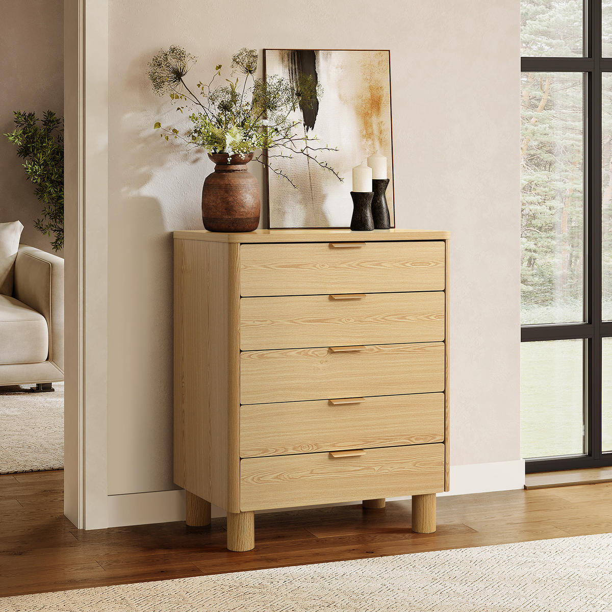 MODERNE Kommode mit fünf Schubladen, Eichenholzoptik, MDF | B 40 cm x T 50 cm x H 95 cm - Gelb/Hellgelb, Holz (40/95/80cm) - Hometopia