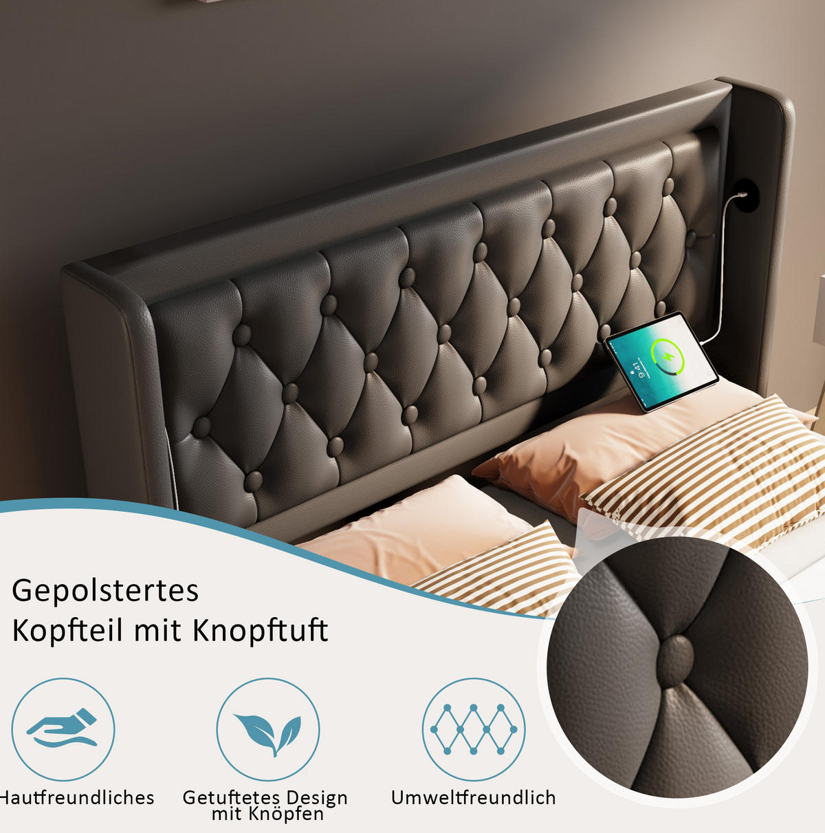 POLSTERBETT 160/200 cm mit USB-C, LED und hydraulischem Bettkasten, PU ,und Matratze,Schwarz - Schwarz, Kunststoff (160/200cm) - Redom