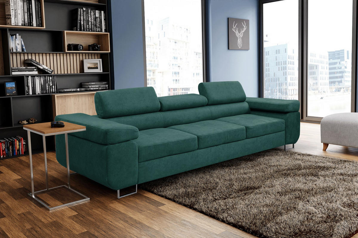 SOFA Marlene II 274 x 97 cm, mit verstellbaren Kopfstützen Schlaffunktion Wohnzimmersofa 3 Sitzer, grün - Grün, Kunststoff (274/87/97cm) - Margaret Hadas24