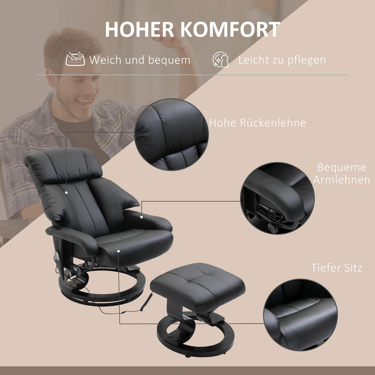 MASSAGESESSEL, Schwarz, Kunstleder - Schwarz, Leder (80/102/76cm) - HOMCOM