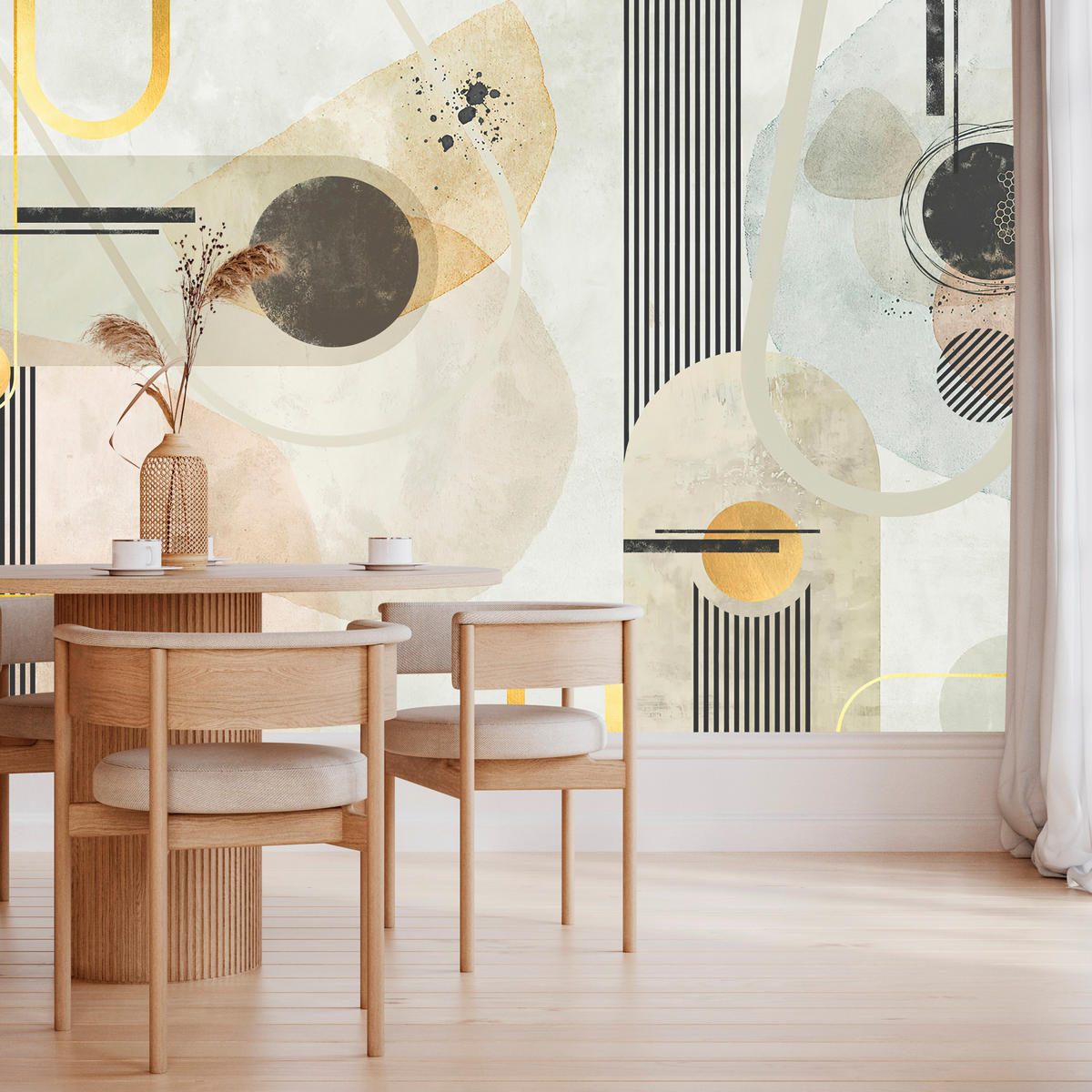 FOTOTAPETE für Wohnzimmer Geometrische Kreise Streifen Glamour 450x315 - Gelb/Beige, Papier (450/315cm) - Muralo