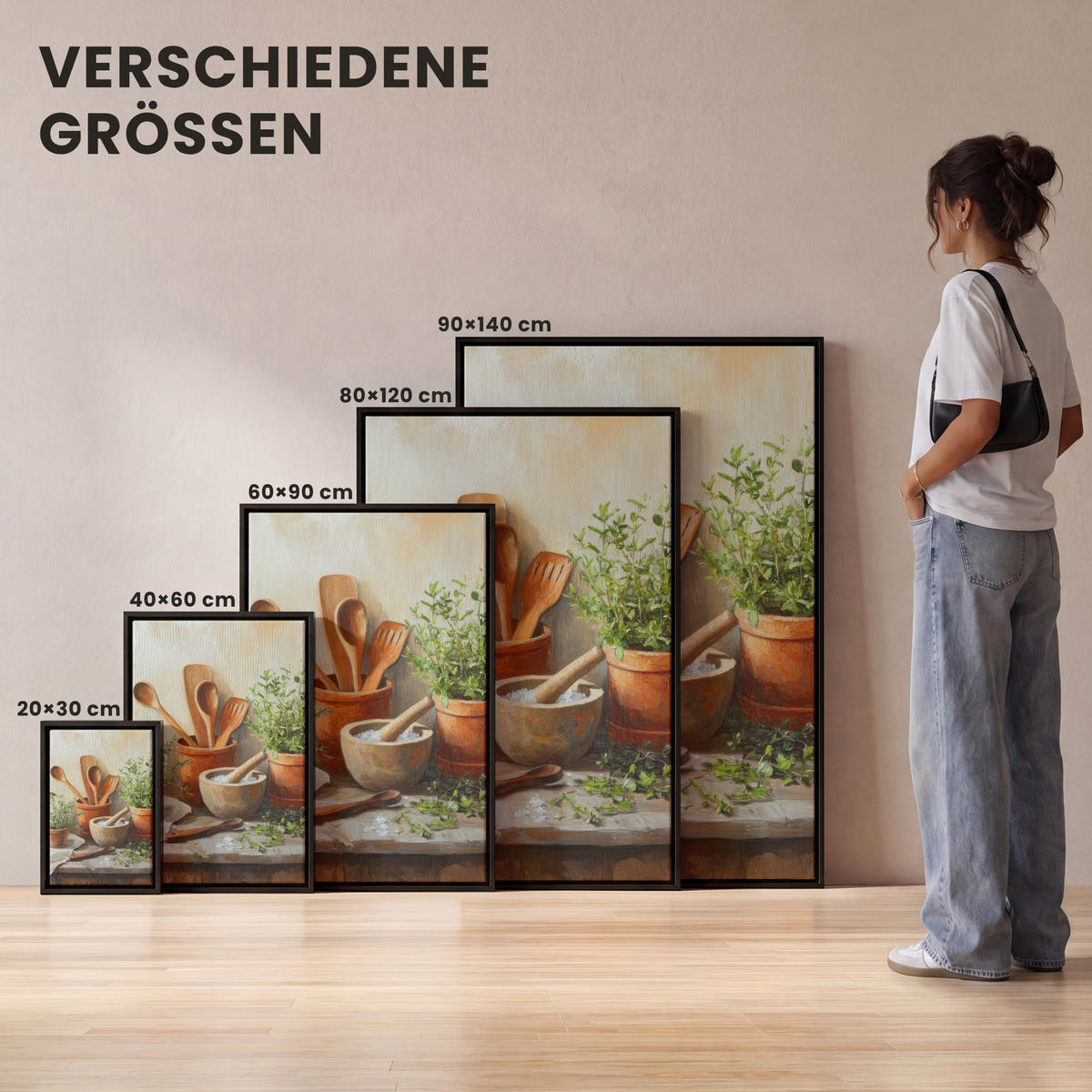 LEINWAND Bilder mit Rahmen - Töpfe - Kräuter - Holz - 80x120 - Terracotta, Textil (80/120cm) - MuchoWow