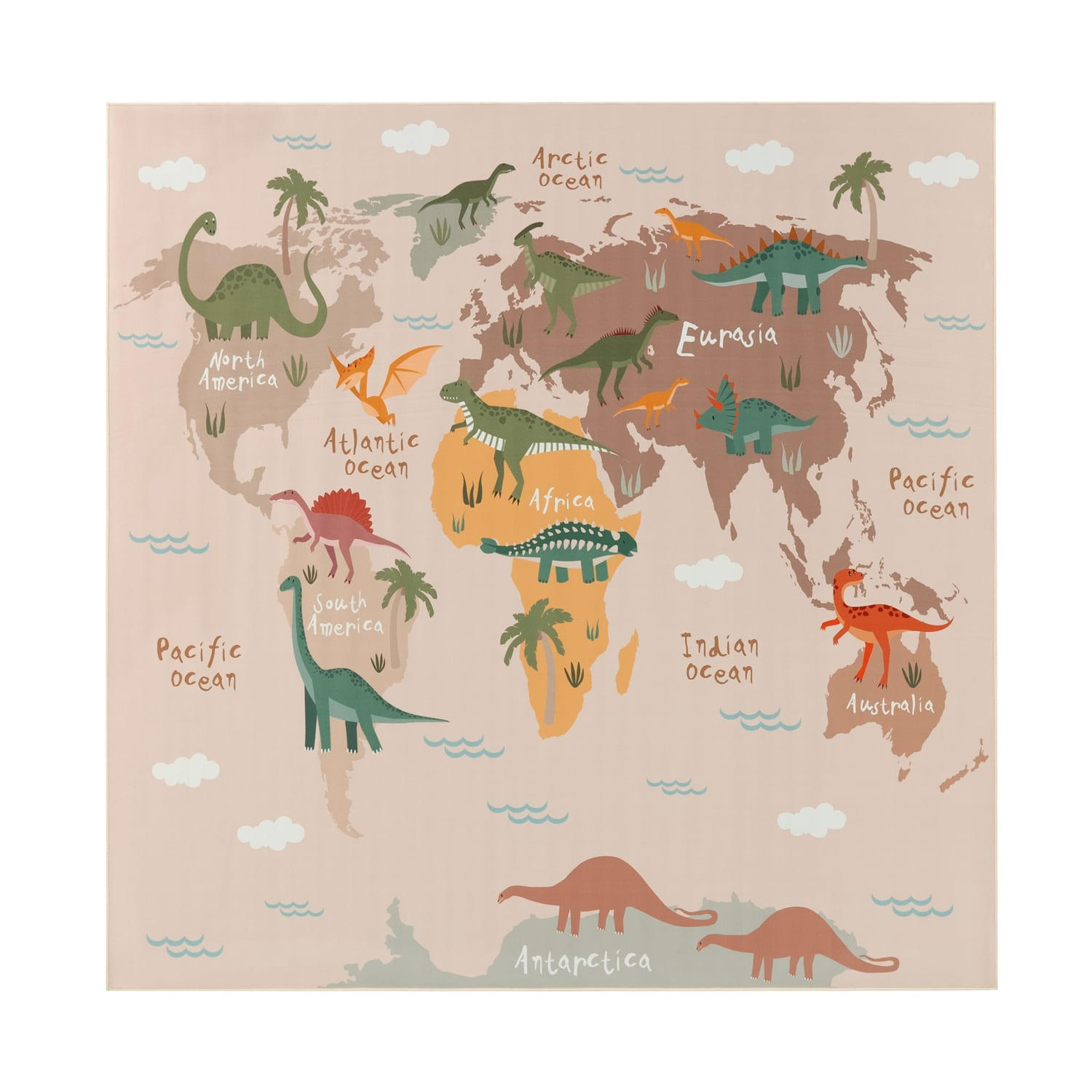 KINDERTEPPICH waschmaschinenwaschbar Dinosaurier‑Weltkarten‑Muster Kinderzimmer schmutzabweisend Beige Quadrat 200S - Beige, Textil (200/200cm) - KADIMA DESIGN