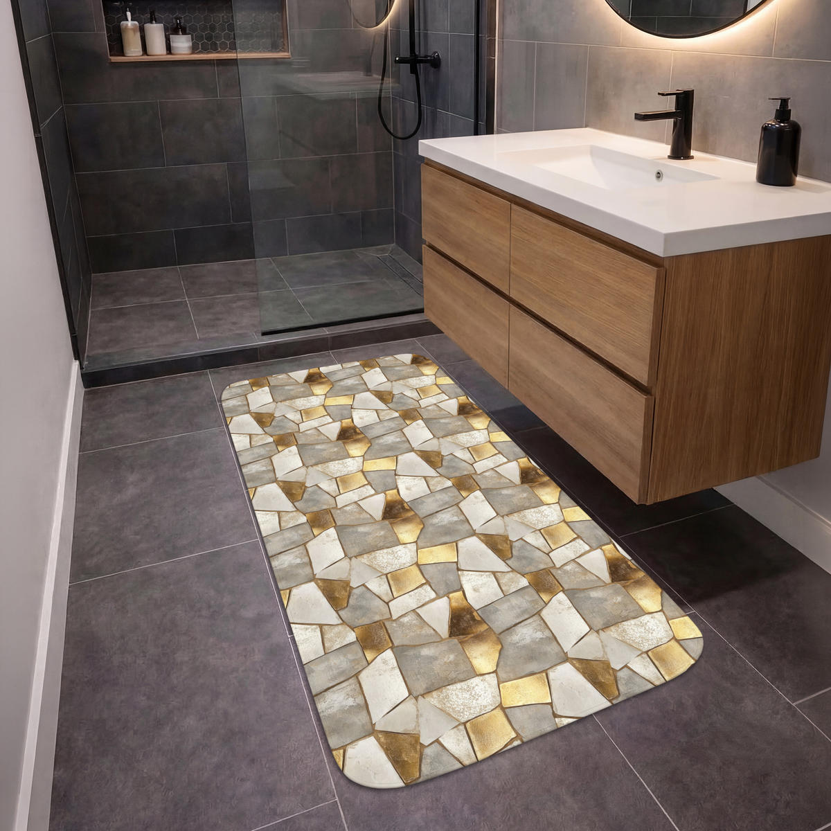 KOUPELNOVÁ PŘEDLOŽKA Mozaika - Mramor - Zlato 60x120 cm - šampaňská, textil/plast (60/120cm)