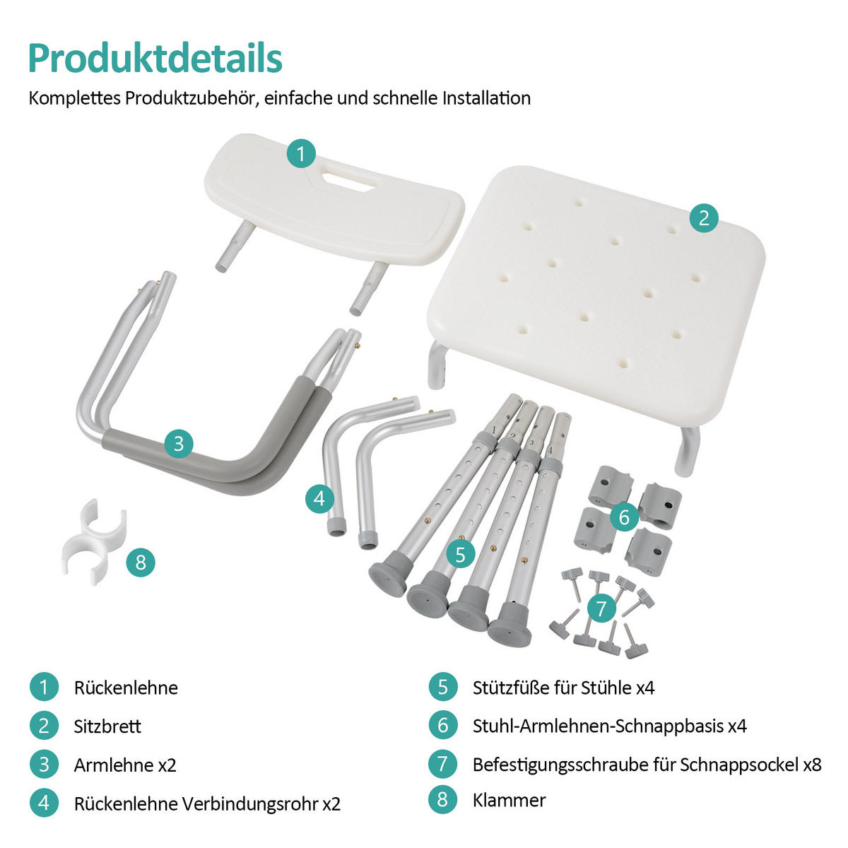 DUSCHHOCKER mit Abnehmbarer Armlehne 50,5/47,5/75 cm - Weiß, Metall (50/75/47cm) - EMKE