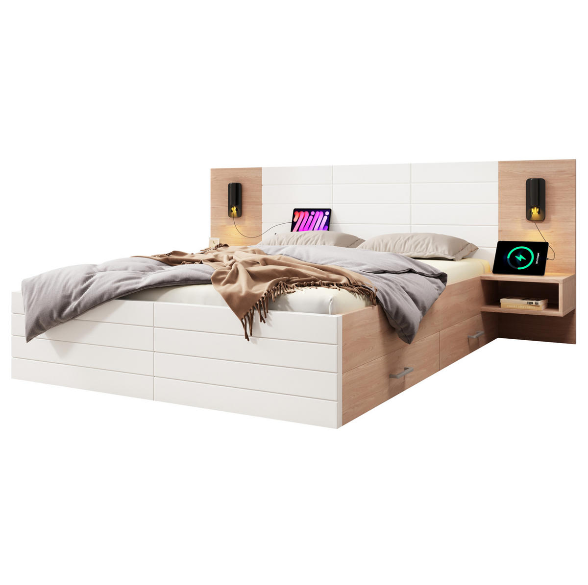 BETT 160/200 cm mit 2 Schubladen, Leselicht & USB, Massivholz/MDF, Weiß/Eiche - Weiß, Holzwerkstoff (160/200cm) - Redom