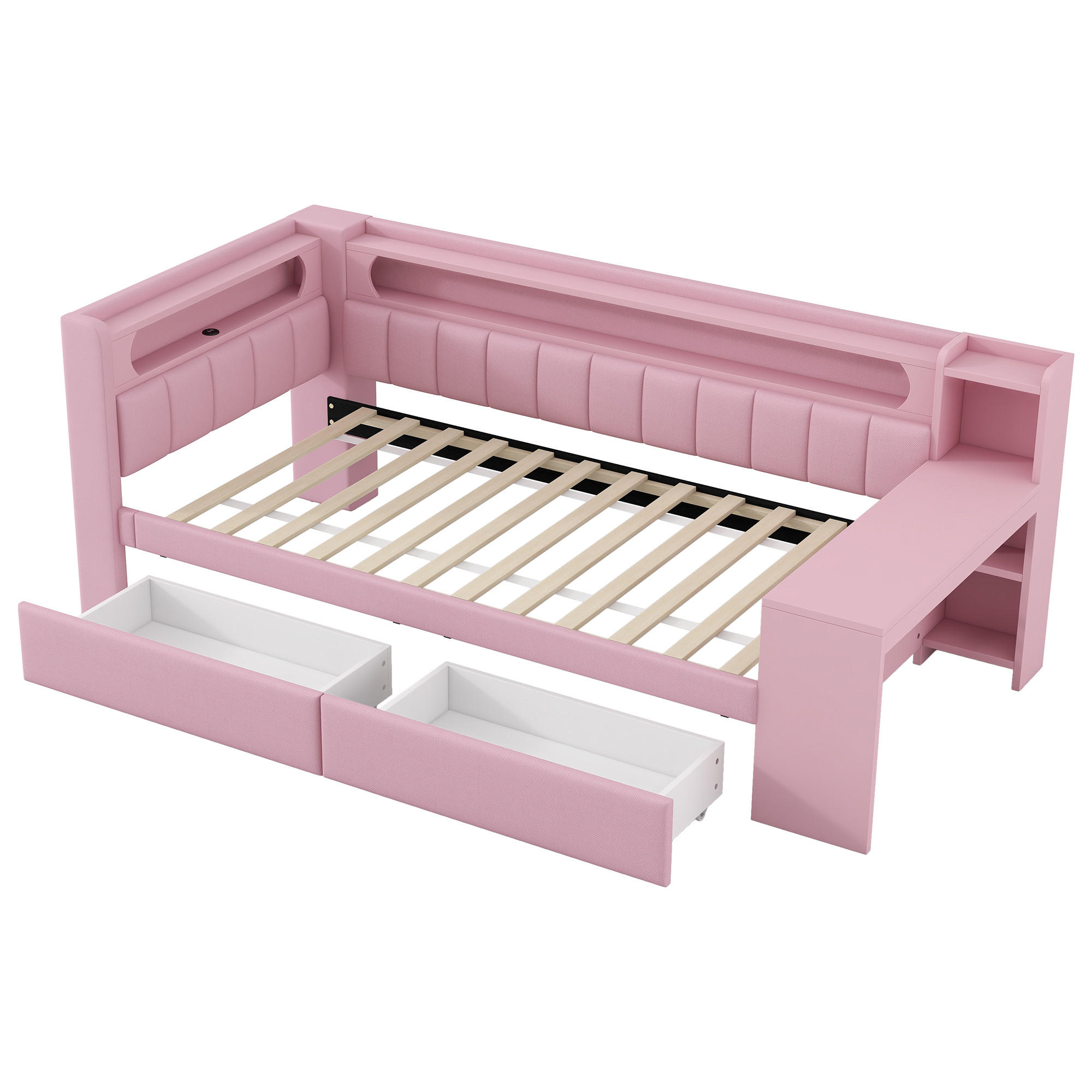 KINDERBETT 90/200 cm DE-03385, mit LED, Schreibtisch und 2 Schubladen, in Rosa - Pink, Holzwerkstoff (90/200cm) - ComfortXL