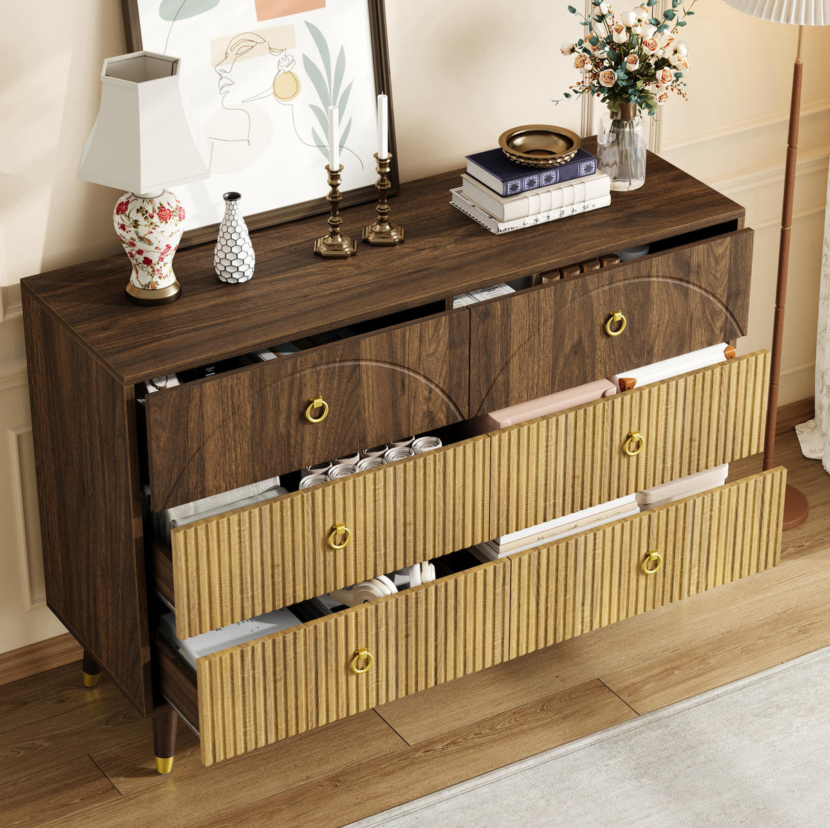 KOMODA 120/40/81 cm přírodní z MDF a dřevotřísky se 6 zásuvkami - přírodní, kompozitní dřevo (120/81/40cm) - OKWISH