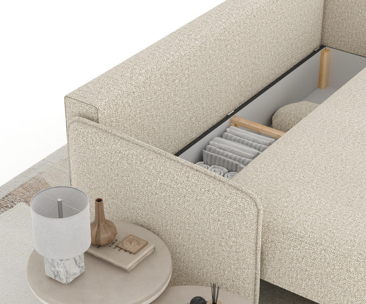 SCHLAFSOFA Mitsis Beige Plüschstoff - Beige/Schwarz, Holz/Holzwerkstoff (231/93/106cm) - Maison de Reve