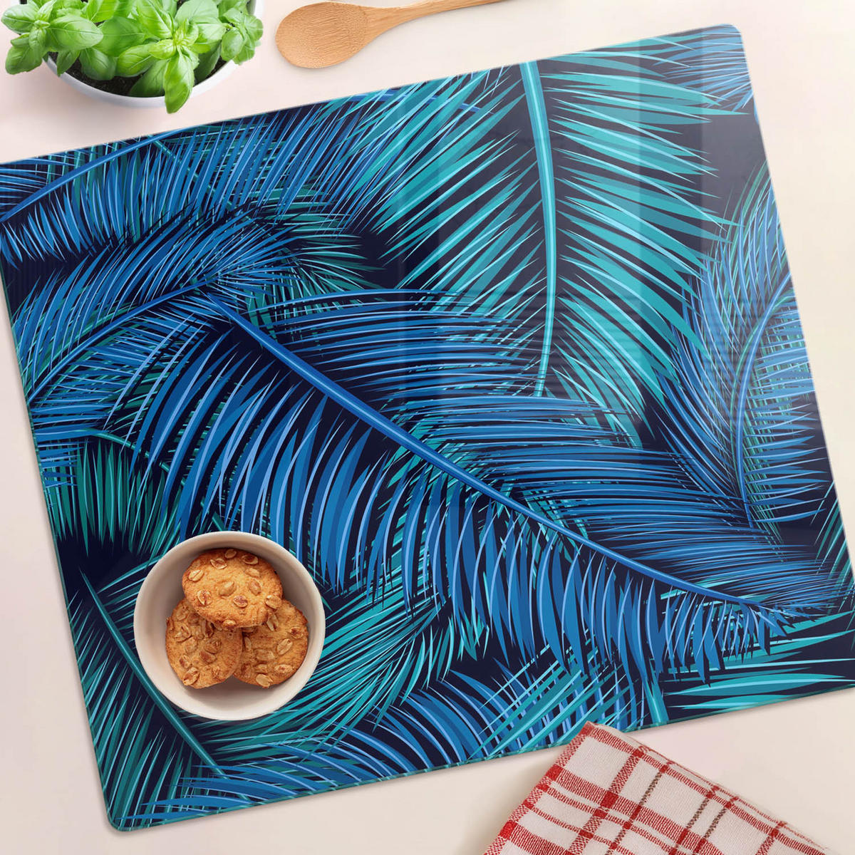 GLASPLATTE 60x52 cm Palmblätter - Blau, Glas (60/0.4/52cm) - TULUP