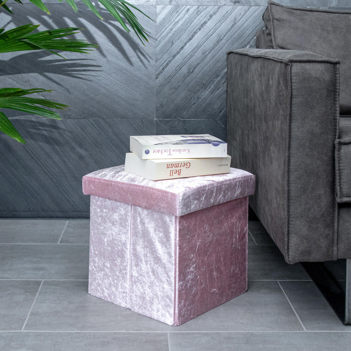 SITZHOCKER Faltbar mit Samtbezug 38/38/38 cm (Rosa) - Rosa, Karton (38/38/38cm) - Intirilife