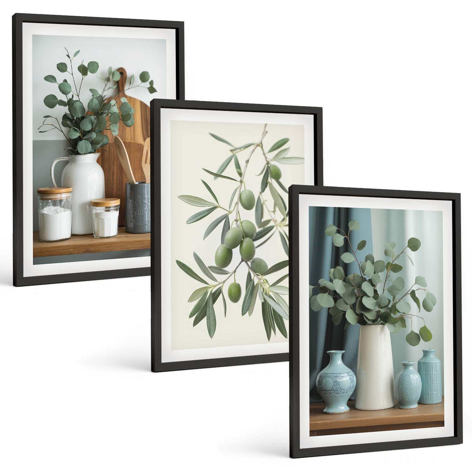 BILDER SET 3er Set - 40x60 cm Schwarzer Rahmen - Grüne Oliven, Eukalyptus - Schwarz, Kunststoff (40/60cm) - TULUP