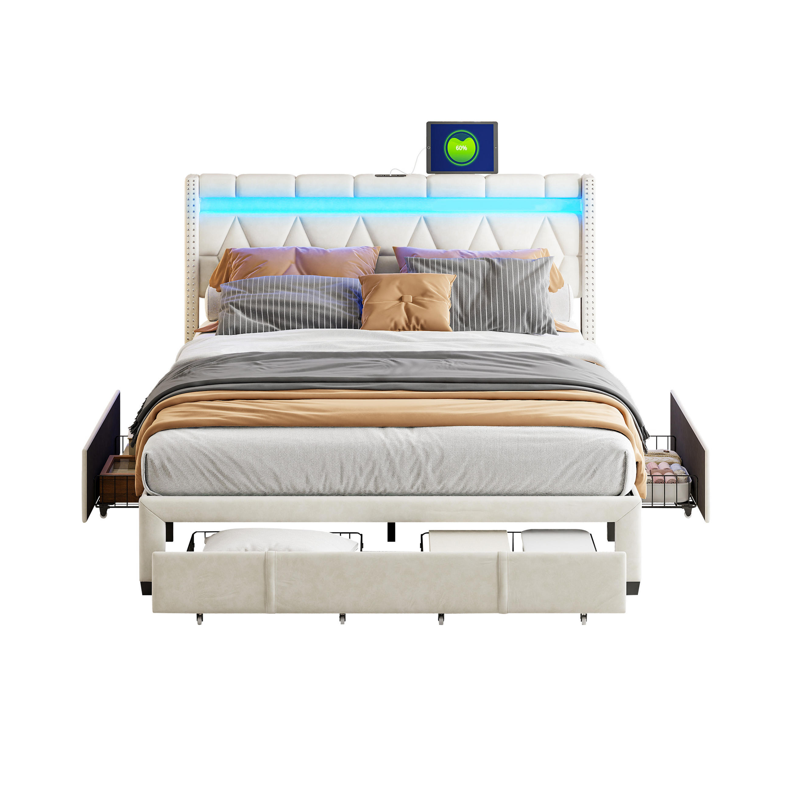 POLSTERBETT 160x200 cm mit LED, 4 Schubladen, Leinen, Beige - Beige, Holz (160/200cm)