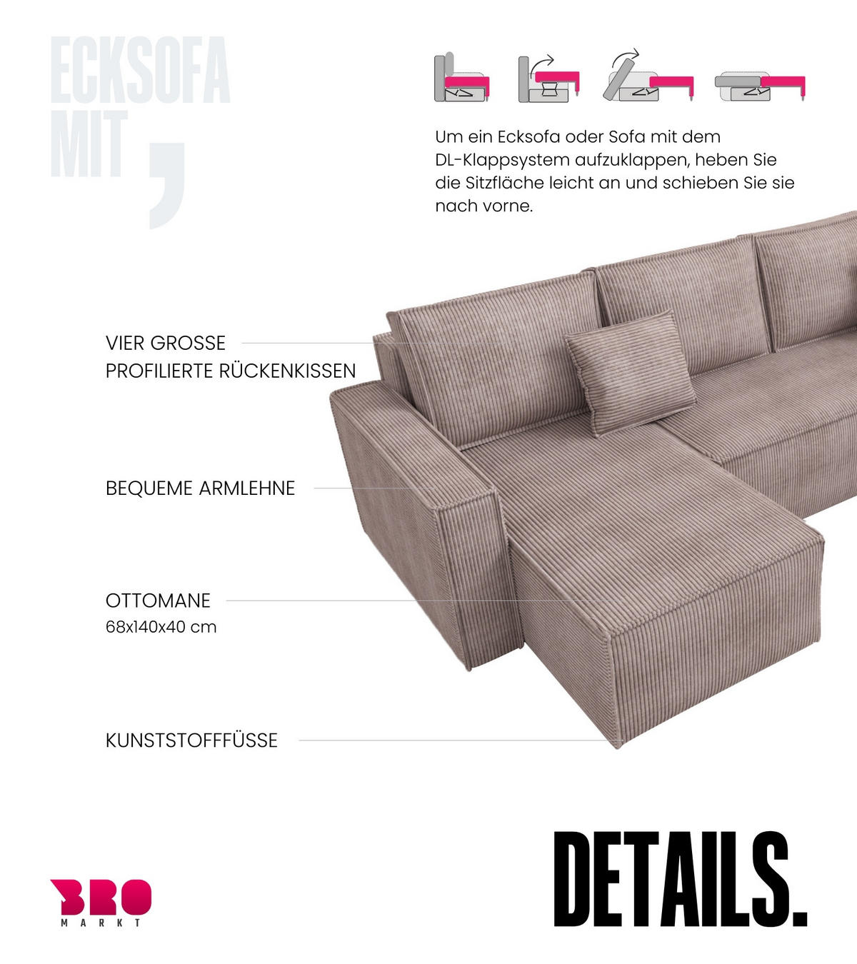 WOHNLANDSCHAFT Dexter U mit Schlaffunktion Puderrosa Cord - Rosa, Textil (310/80/141cm) - Bromarkt