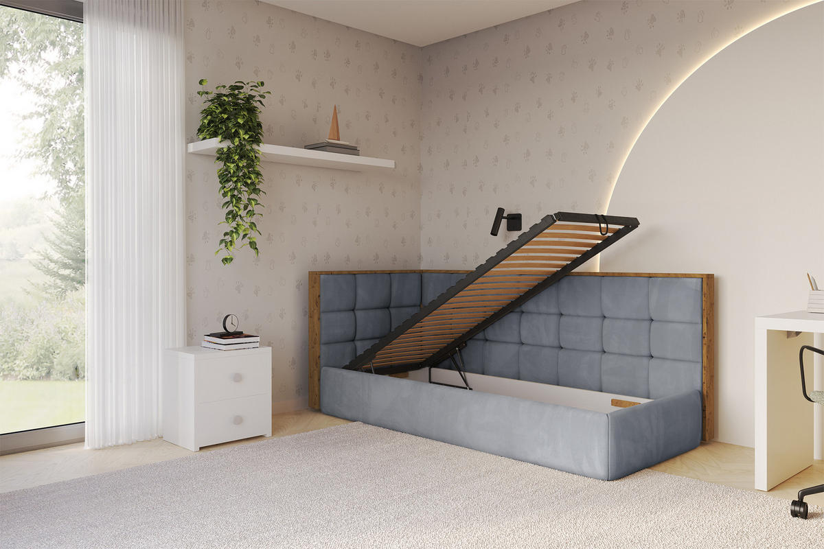 EINZELLBETT Jugendbett mit Bettkasten, Rechts - SOVY 100x200 Grau - Blaugrau, Holzwerkstoff/Textil (100/200cm) - ALTDECOR