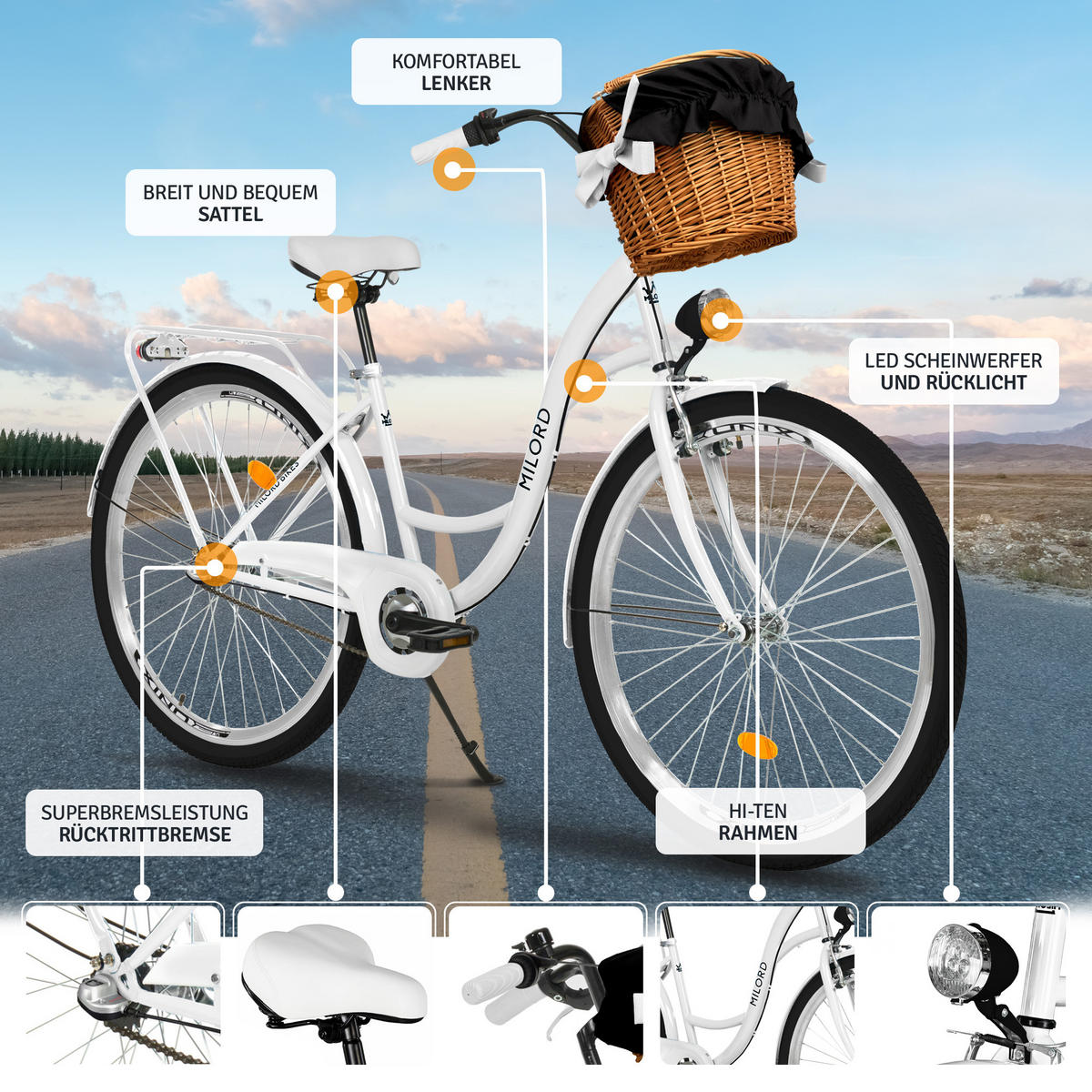 CITY-FAHRRAD Milord mit Weidenkorb, 28 Zoll, Weiß, 3-Gang - Weiß, Metall (46cm) - Milordbikes