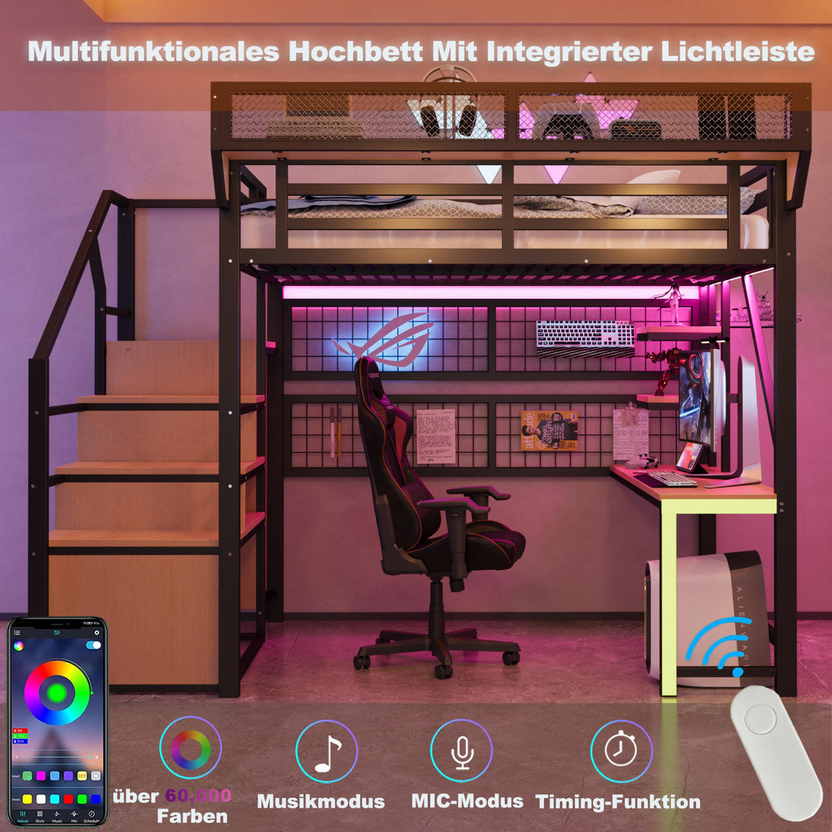 HOCHBETT 140/200 cm aus Metall mit Schreibtisch, Regal, LED-Beleuchtung und Steckdose, Schwarz - Schwarz, Metall (140/200cm) - Redom