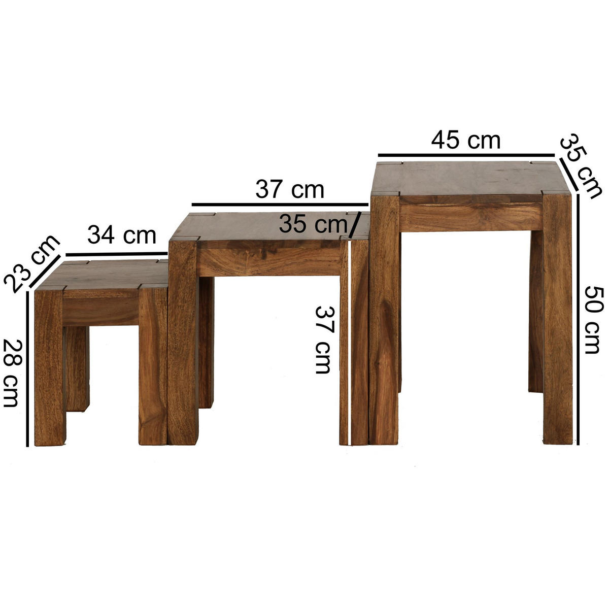 SATZTISCH 3er-Set eckig DURSUN Sheesham - Braun, Holz (45/35/50cm) - tinkaro