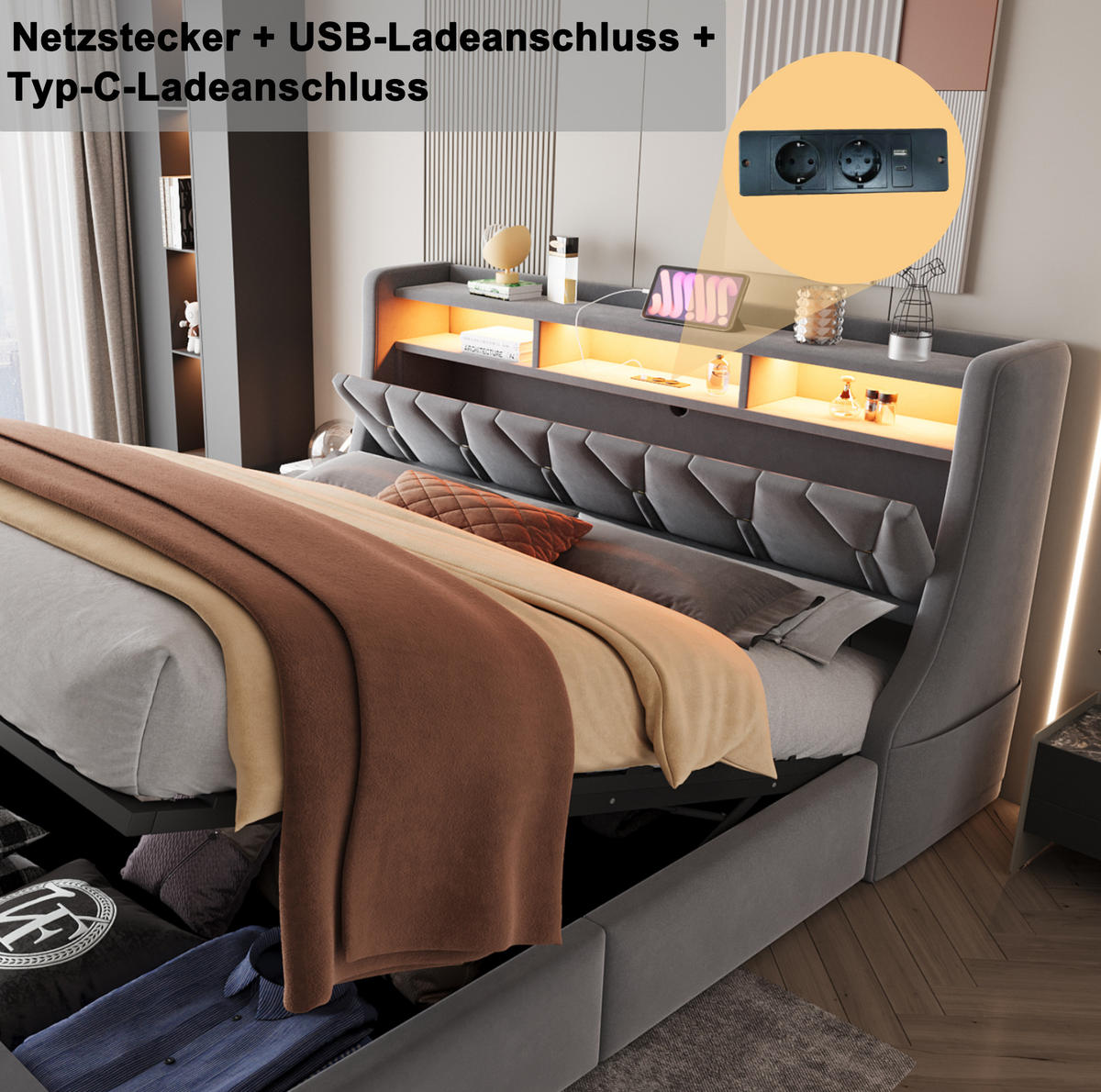 POLSTERBETT mit Stauraum 180x200 cm Samt Grau mit LED - Grau, Metall (180/200cm) - Meubliv