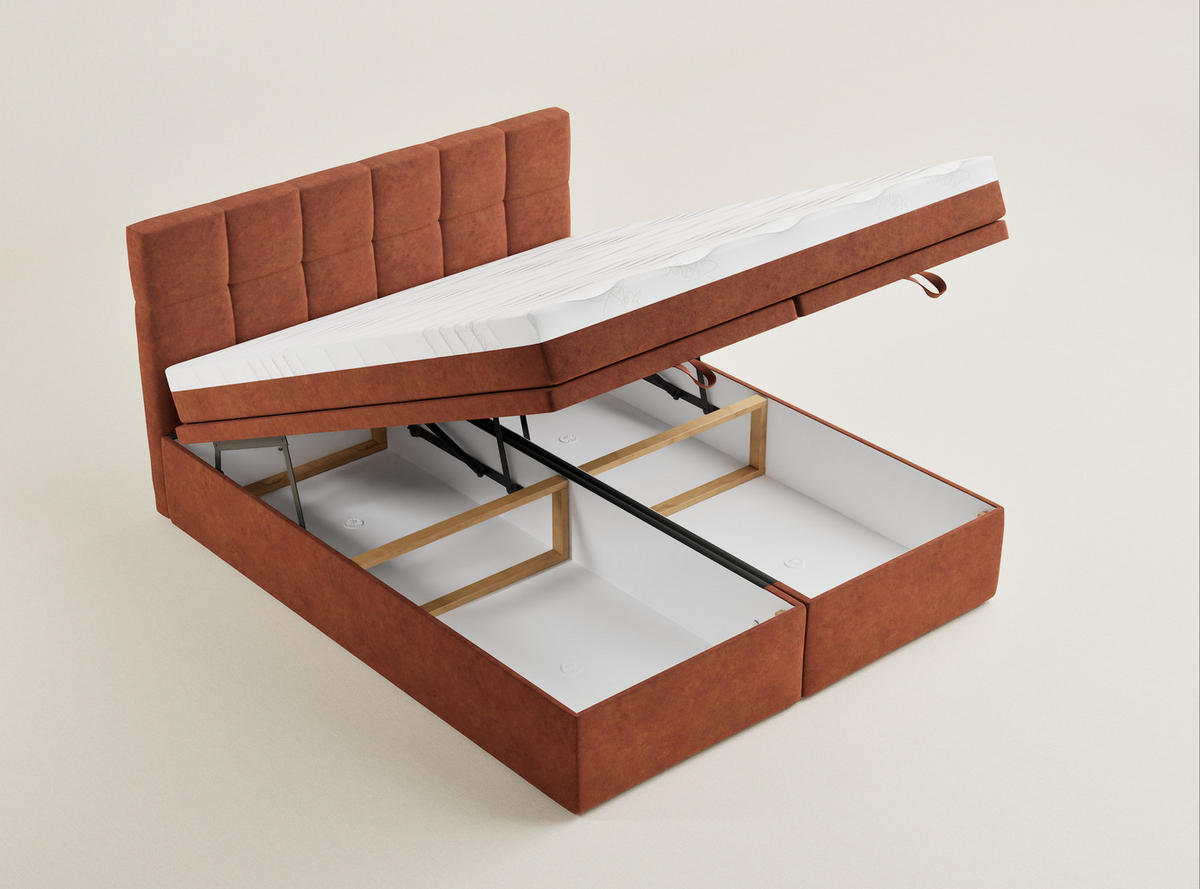 BOXBETT 200/200 cm Gotu S, in Kupferfarbe, Matratze, gepolstertes Kopfteil, Bettkasten, H3 = fest - Schwarz/Kupferfarben, Holz/Holzwerkstoff (200/200cm) - Maison de Reve