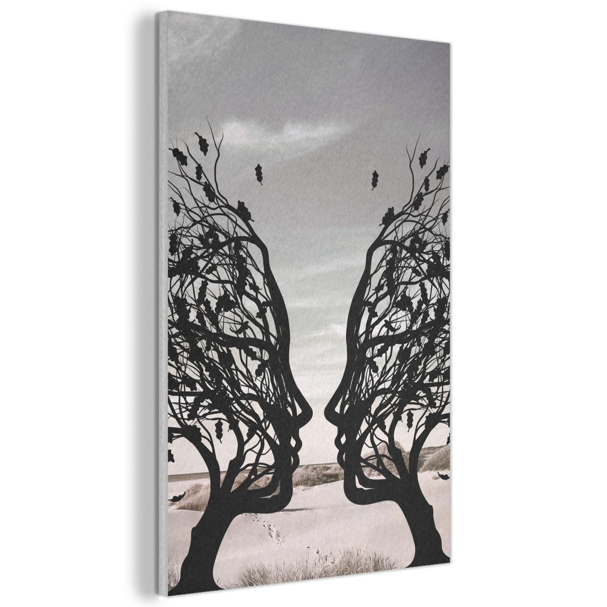 AKUSTIKBILD Strand - Meer - Menschen - Baum - Moderne Kunst Wanddeko 60x90 cm - Hellgrau, Kunststoff (60/90/0.9cm) - MuchoWow