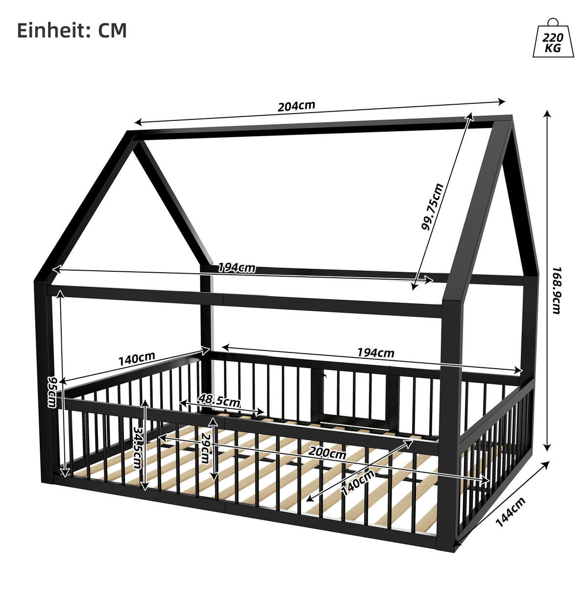 KINDERBETT Hausdesign 140/200 cm Schwarz aus Metall ohne Matratze - Schwarz, Metall (140/200cm) - MIVRAY